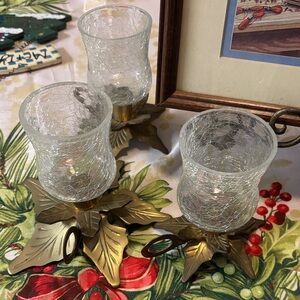 Vintage brass poinsettia or holly candle holder